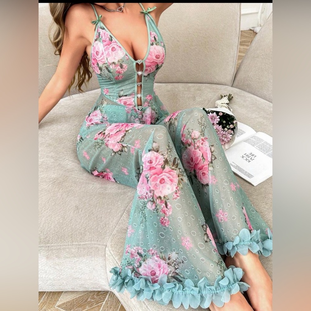 Floral Tie-Front Wide Leg Jumpsuit in Mint and Pink
